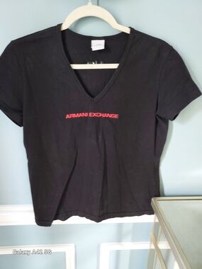Armani Exchange Black V-Neck Tee with Red Logo Embroidery